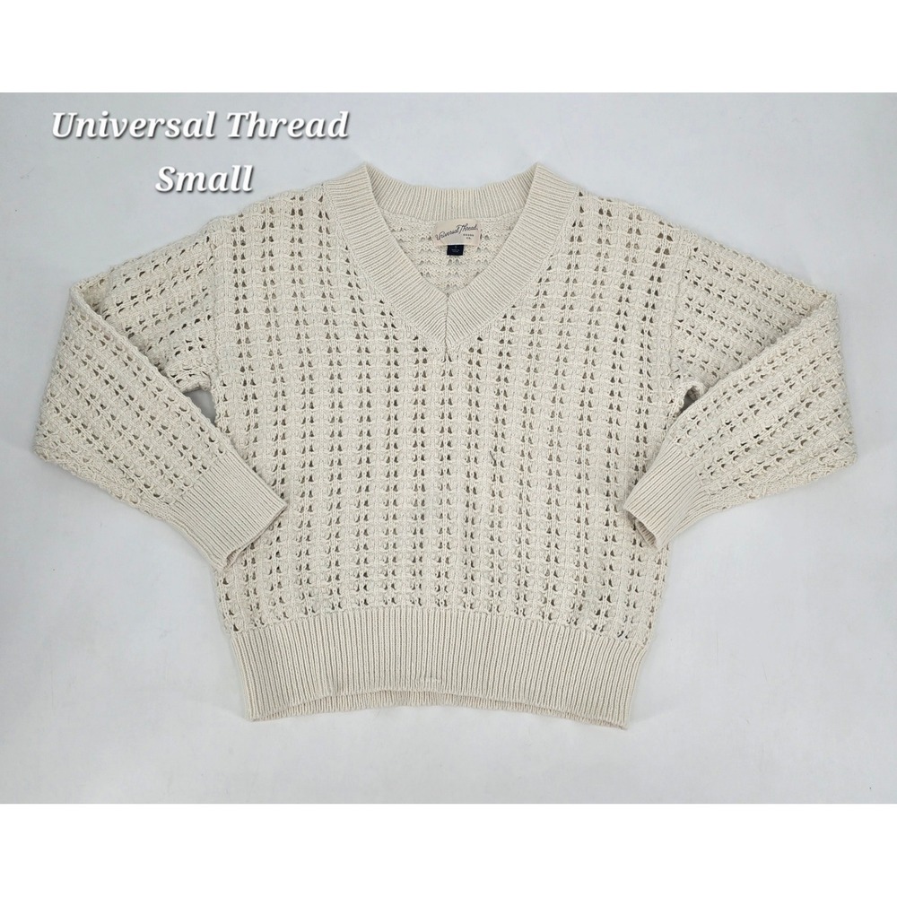 Universal Thread Cream Open Knit V-Neck Sweater Coastal Preppy Crochet Small